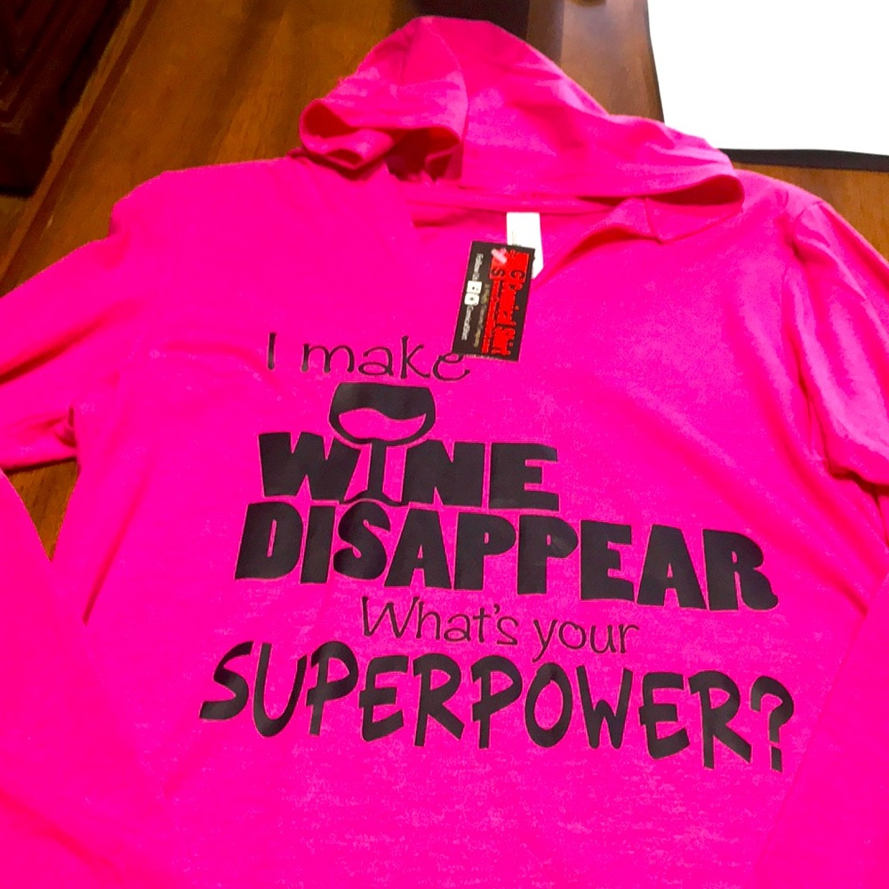 Comical long sleeve bright pink hooded tee shirt.